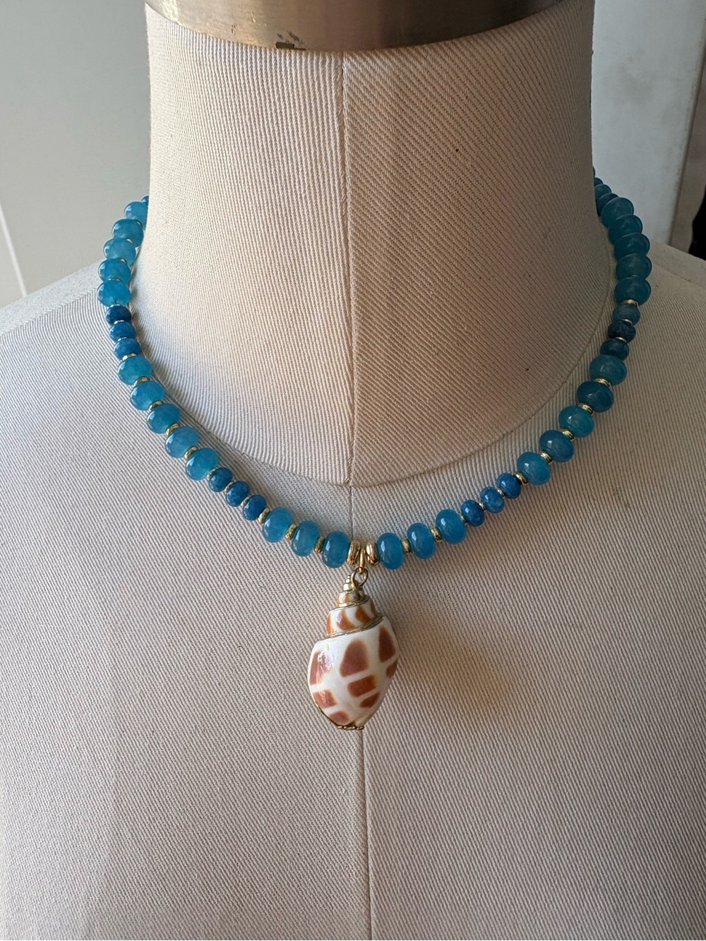 Ocean Blue Bead Necklace with Shell Pendant